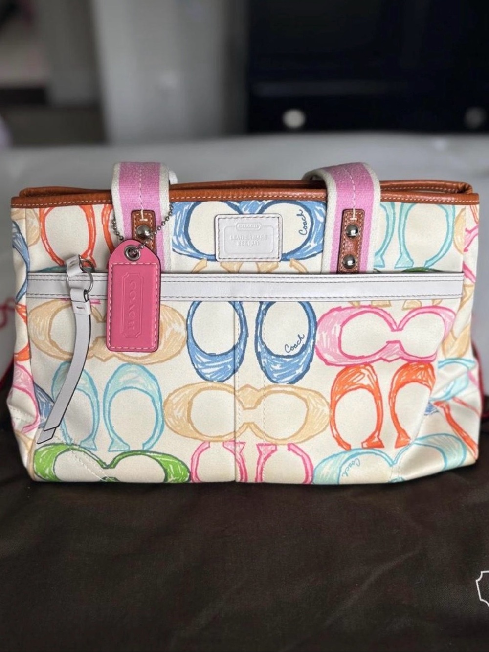 Coach Multicolor Canvas Tote with Pink Trim and Tan Leather